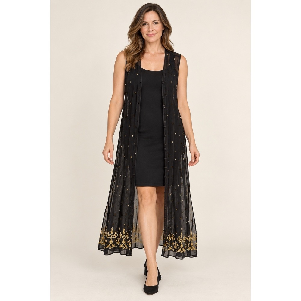 Vintage 90s Laundry by Shelli Segal Sheer Rayon Gold Embroidered Duster Dress L - Picture 2 of 11